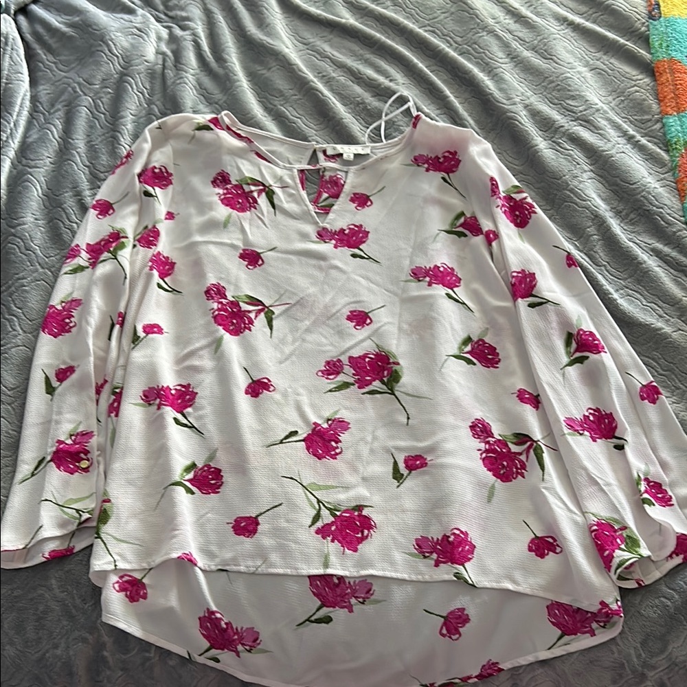 Chaus White and Pink Floral Blouse